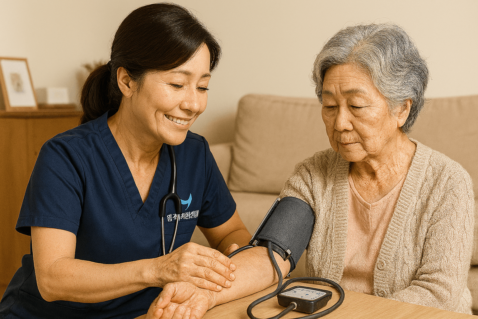 전담 간호사가 어르신의 혈압을 체크하는 모습