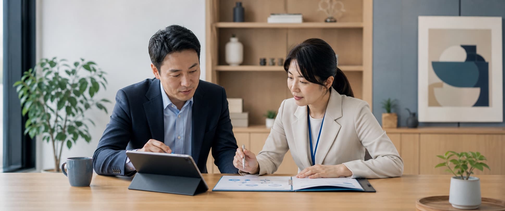 기업 복지 담당자와 돌봄 운영 담당자가 태블릿으로 서비스 적용 흐름을 검토하는 모습