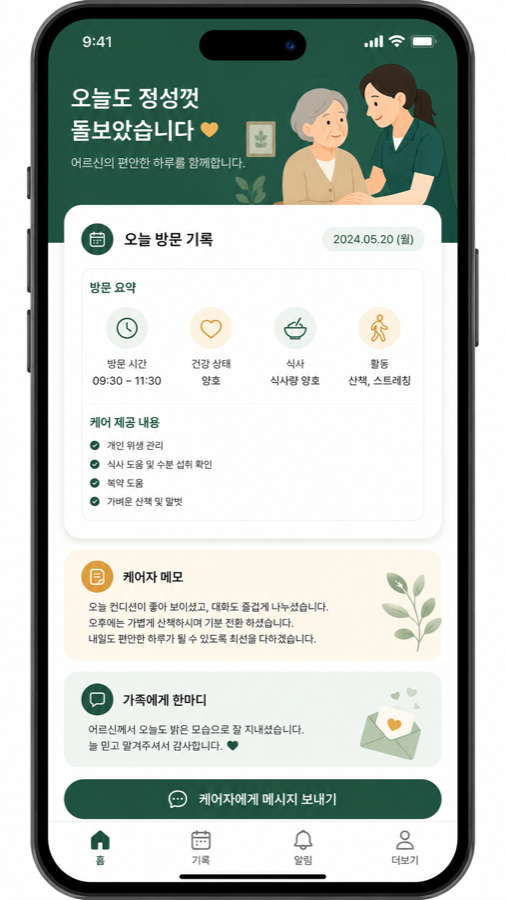 웰케어 케어 기록 앱 – 오늘의 방문 기록을 보호자에게 실시간 공유